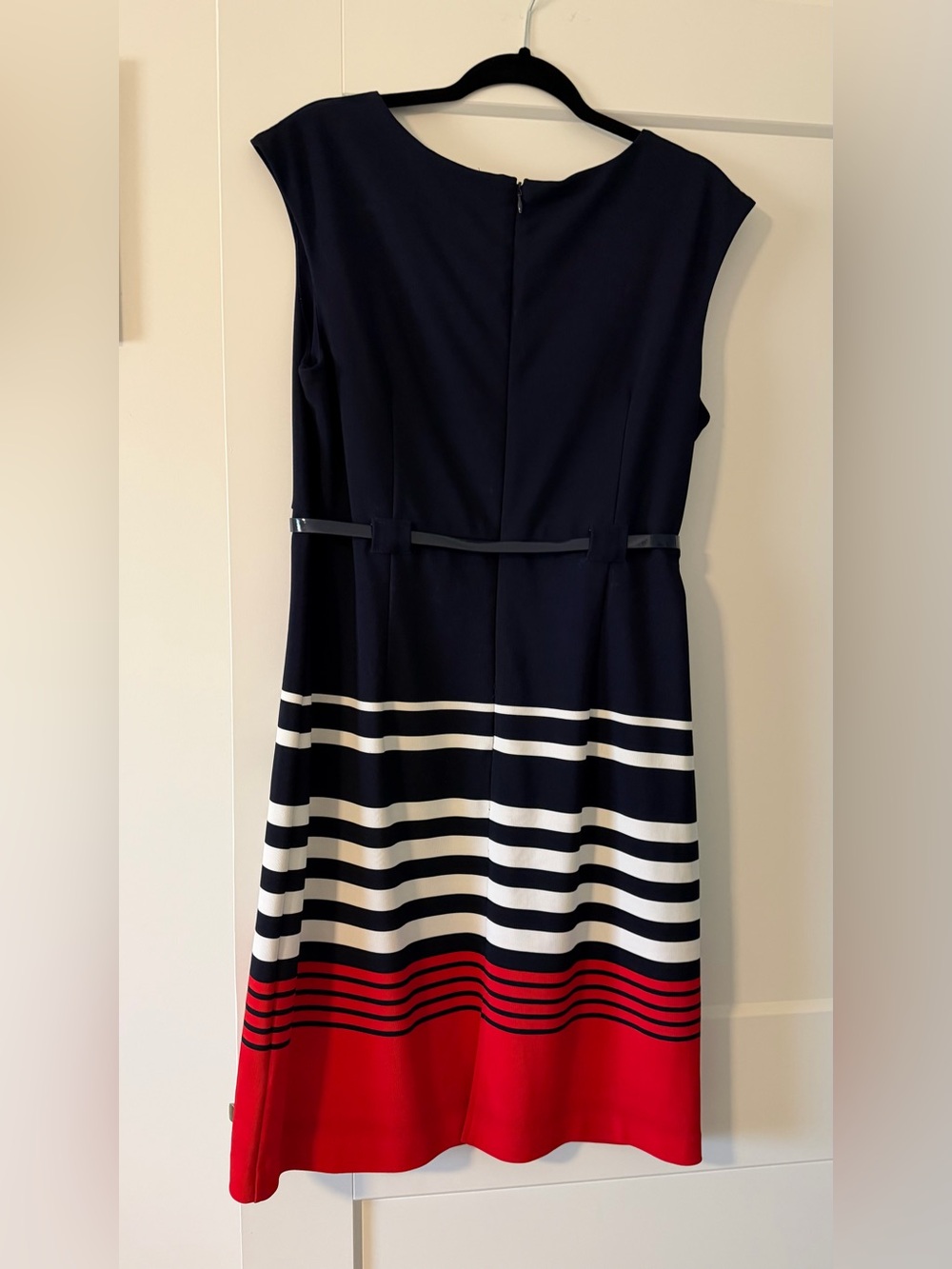 Navy Sleeveless Stripe Dress with Red Hem